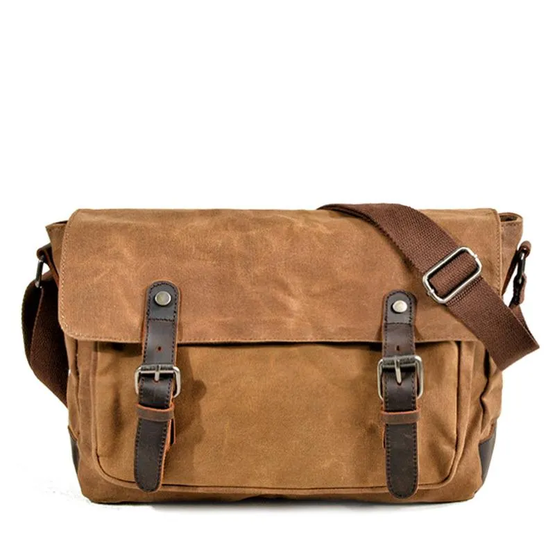 Cool Waxed Canvas Leather Mens Gray Casual Waterproof Side Bag 12'' Messenger Bag For Men