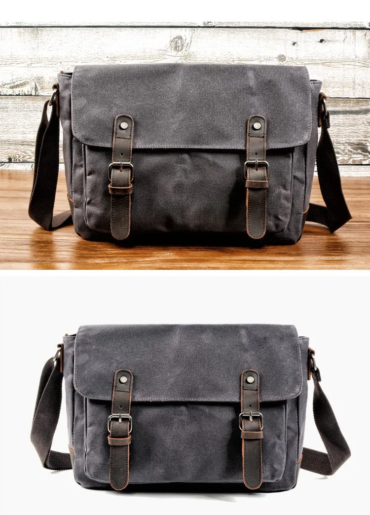 Cool Waxed Canvas Leather Mens Gray Casual Waterproof Side Bag 12'' Messenger Bag For Men