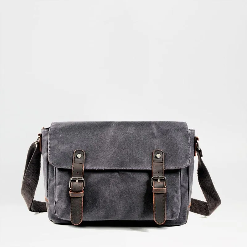 Cool Waxed Canvas Leather Mens Gray Casual Waterproof Side Bag 12'' Messenger Bag For Men