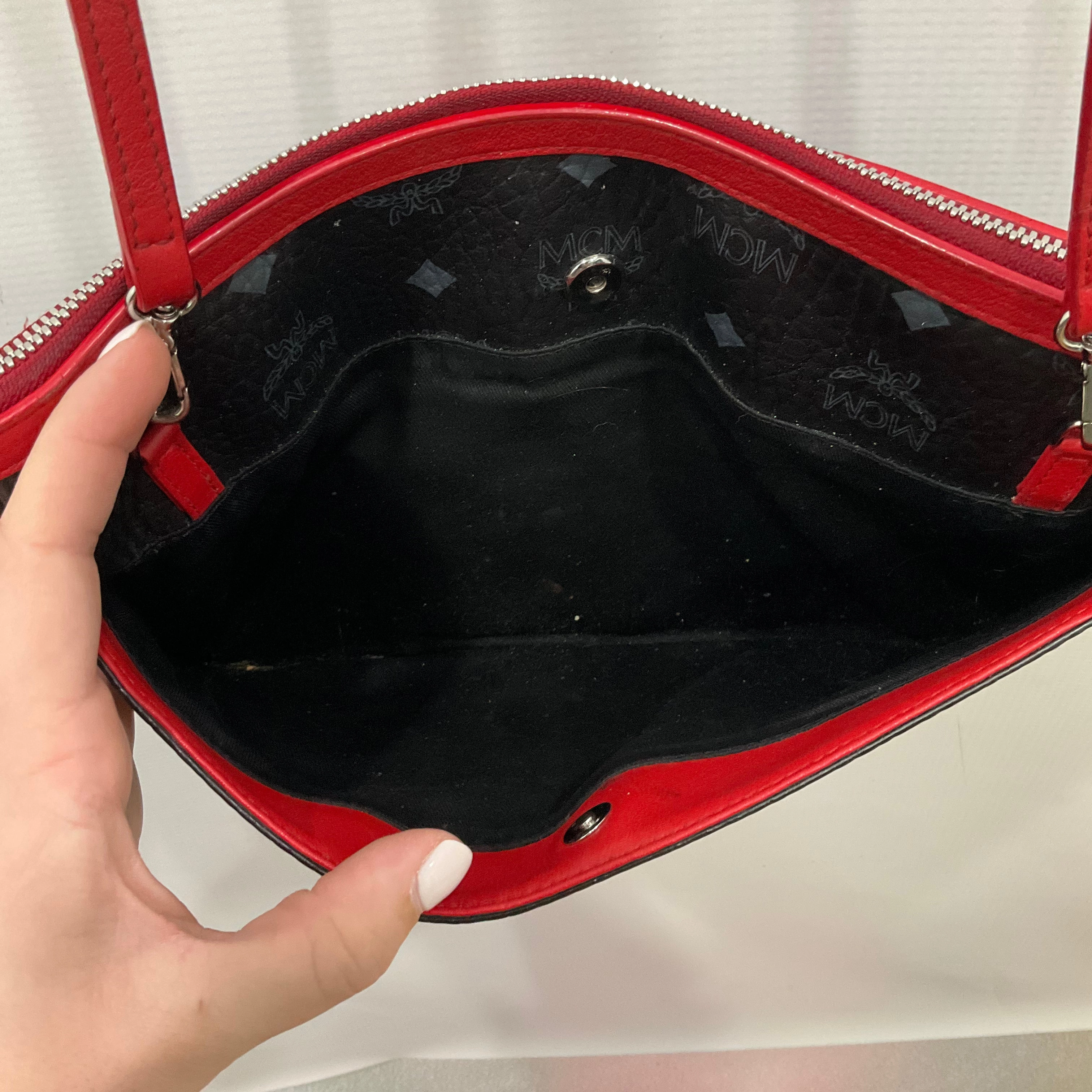 Crossbody Luxury Designer By Mcm In Black & Red, Size:Medium