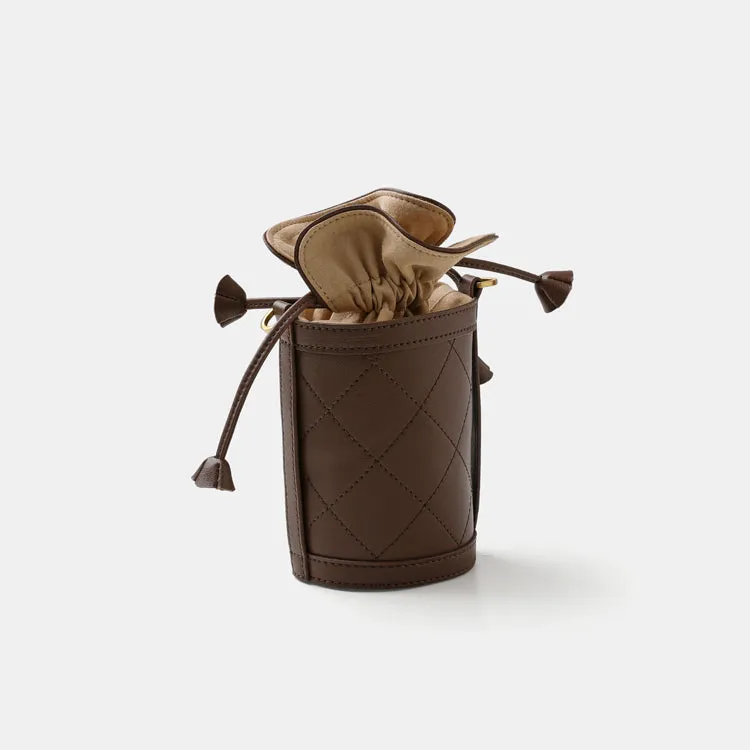 Cute Womens Coffee Leather Barrel Chain Crossbody Purse Bucket Round Shoulder Bag for Women