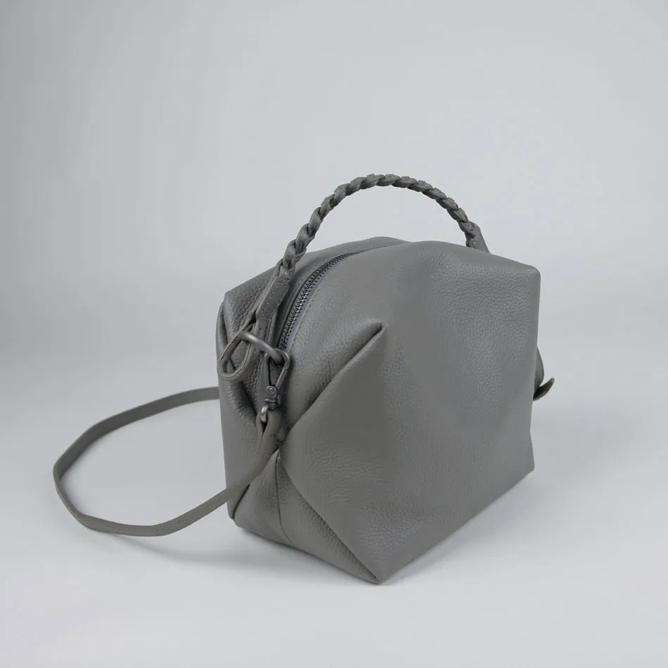 Cute Womens Gray Leather Handbag Purse Cube Leather Shoulder Bag Crossbody Purse for Ladies