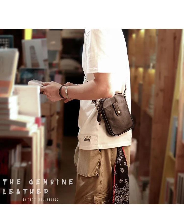 Dark Brown Vintage Leather Mens Small Messenger Bag Waist Bag Black Belt Pouch Bag For Men