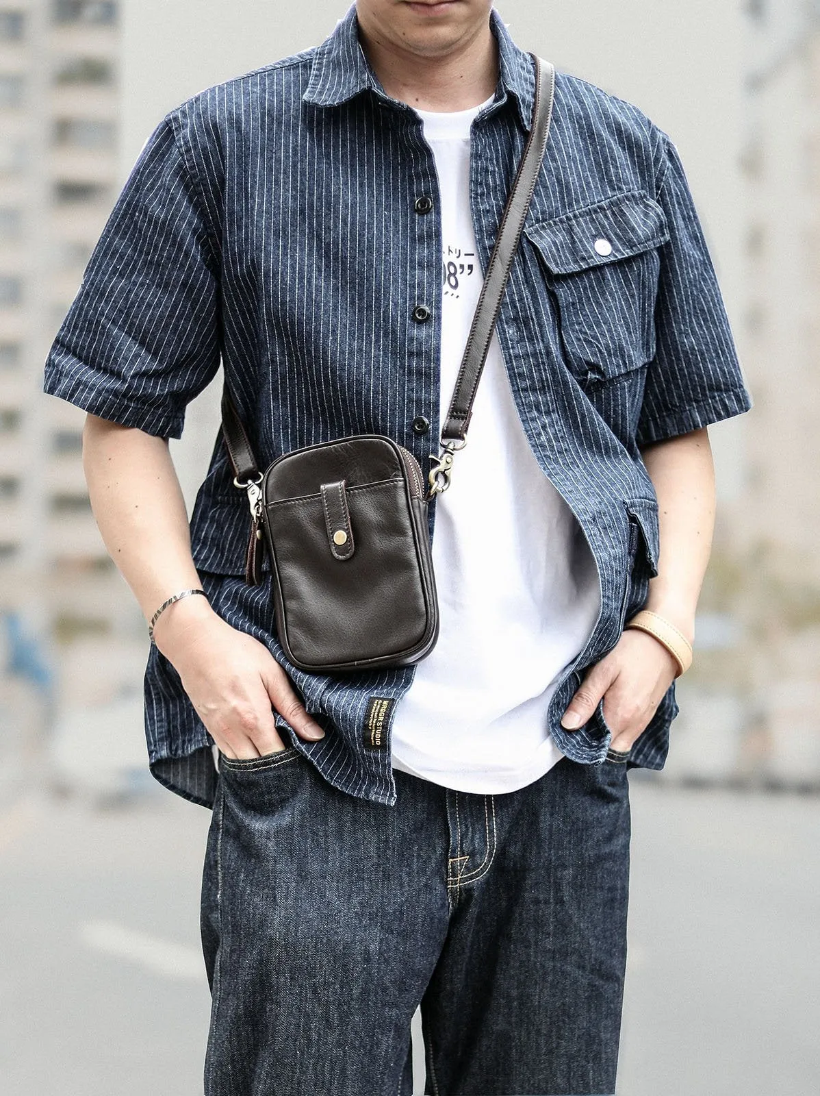 Dark Brown Vintage Leather Mens Small Messenger Bag Waist Bag Black Belt Pouch Bag For Men