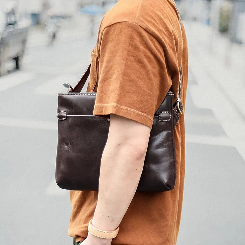 Dark Coffee Leather Mens Casual Small Courier Bag Messenger Bags Brown Postman Bag For Men