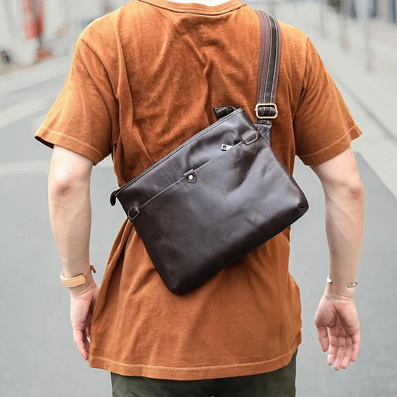 Dark Coffee Leather Mens Casual Small Courier Bag Messenger Bags Brown Postman Bag For Men