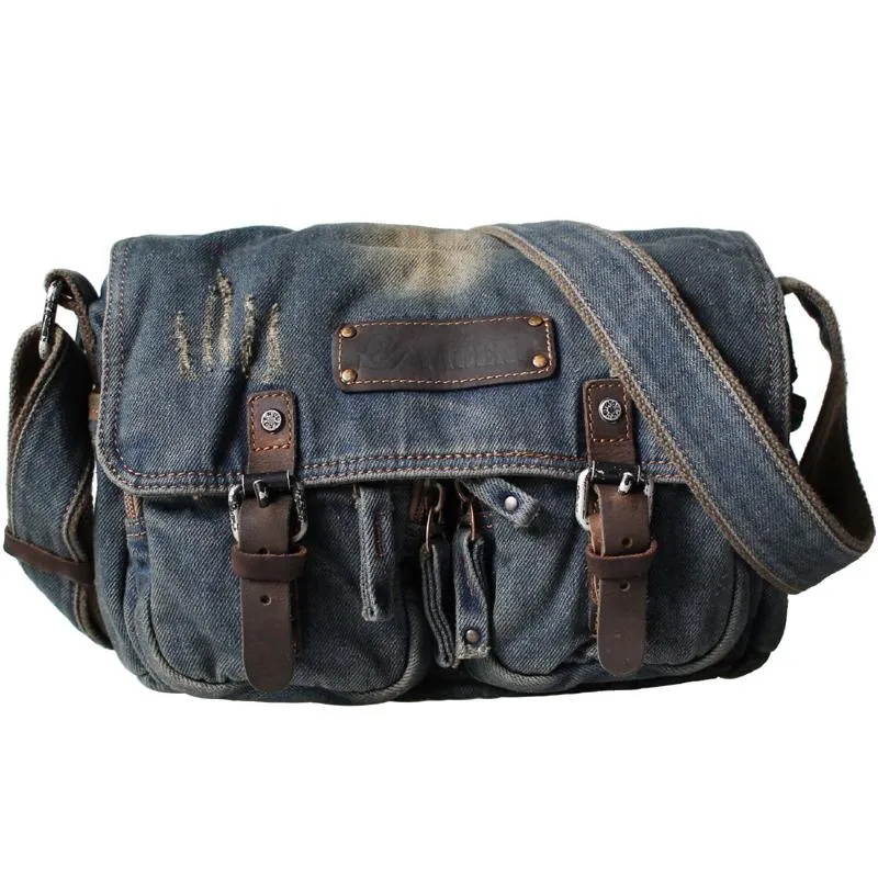 Denim Blue Mens Small Courier Bag Messenger Bag Blue Jean Postman Bag For Men