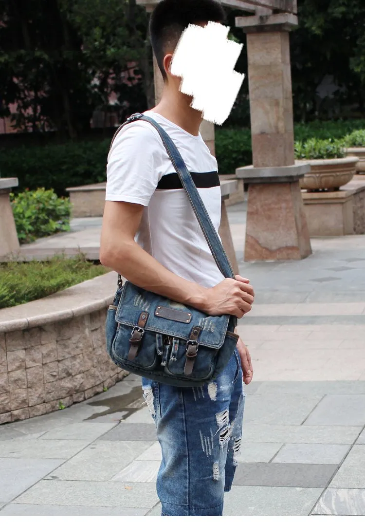 Denim Blue Mens Small Courier Bag Messenger Bag Blue Jean Postman Bag For Men
