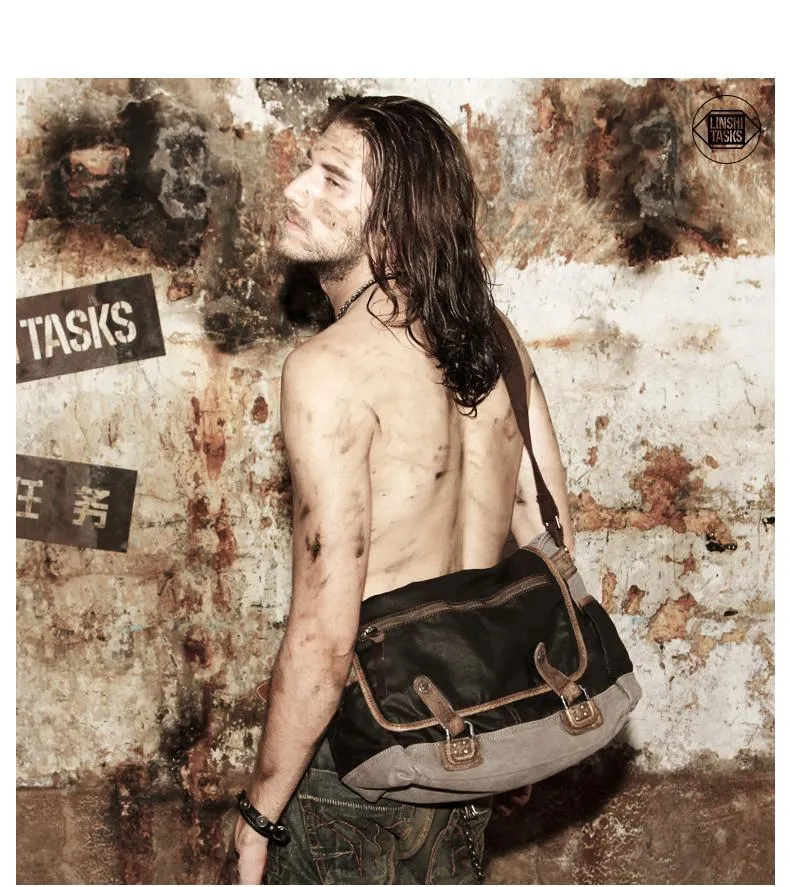 Fashion Black Canvas Leather Mens Casual Side Bag Gray Messenger Bags Casual Courier Bags for Men