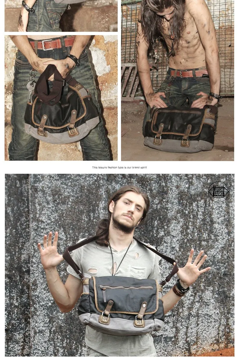 Fashion Black Canvas Leather Mens Casual Side Bag Gray Messenger Bags Casual Courier Bags for Men