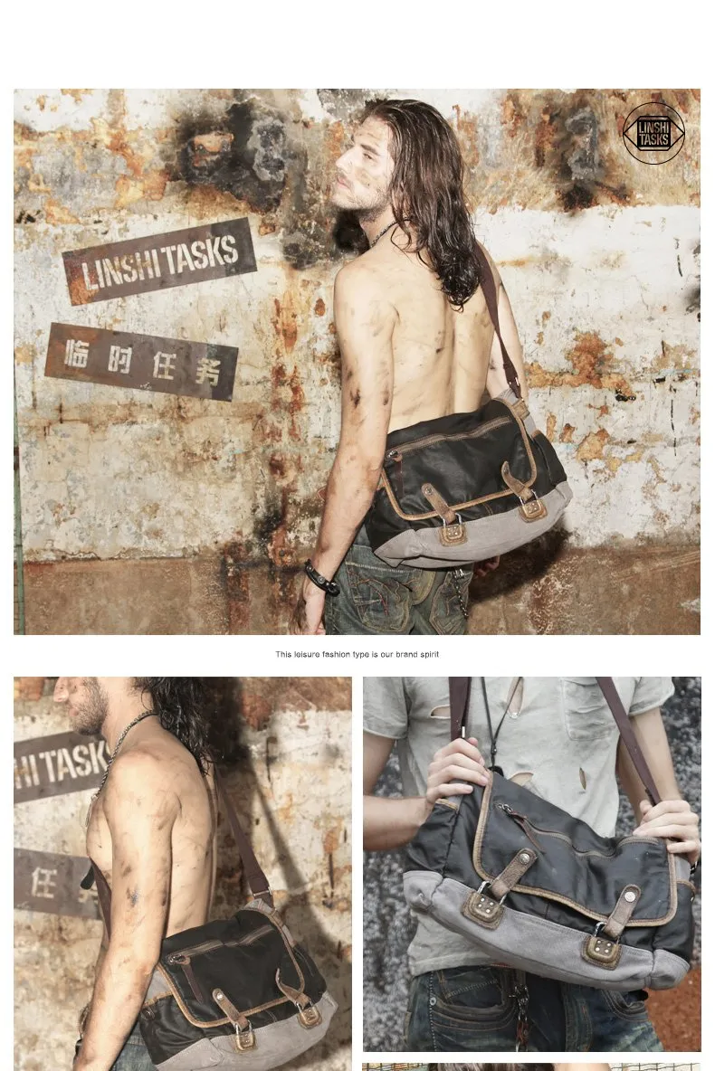 Fashion Black Canvas Leather Mens Casual Side Bag Gray Messenger Bags Casual Courier Bags for Men