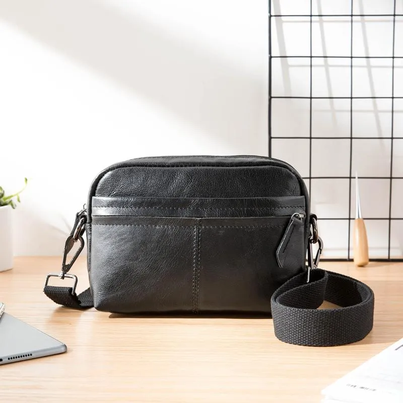 Fashion Black Small Leather Mens Side Bag Black Mini Courier Bag Messenger Bags POstman Bag for Men