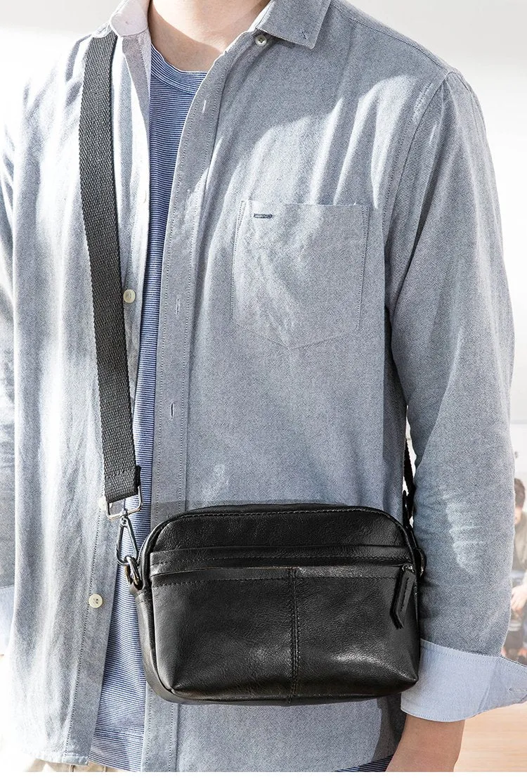 Fashion Black Small Leather Mens Side Bag Black Mini Courier Bag Messenger Bags POstman Bag for Men