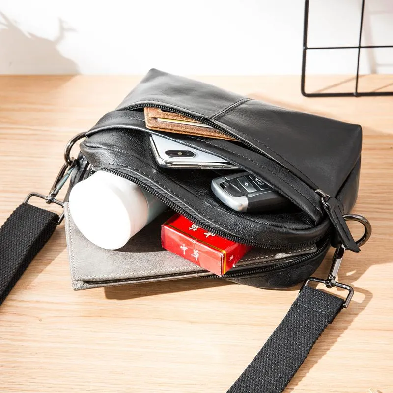 Fashion Black Small Leather Mens Side Bag Black Mini Courier Bag Messenger Bags POstman Bag for Men