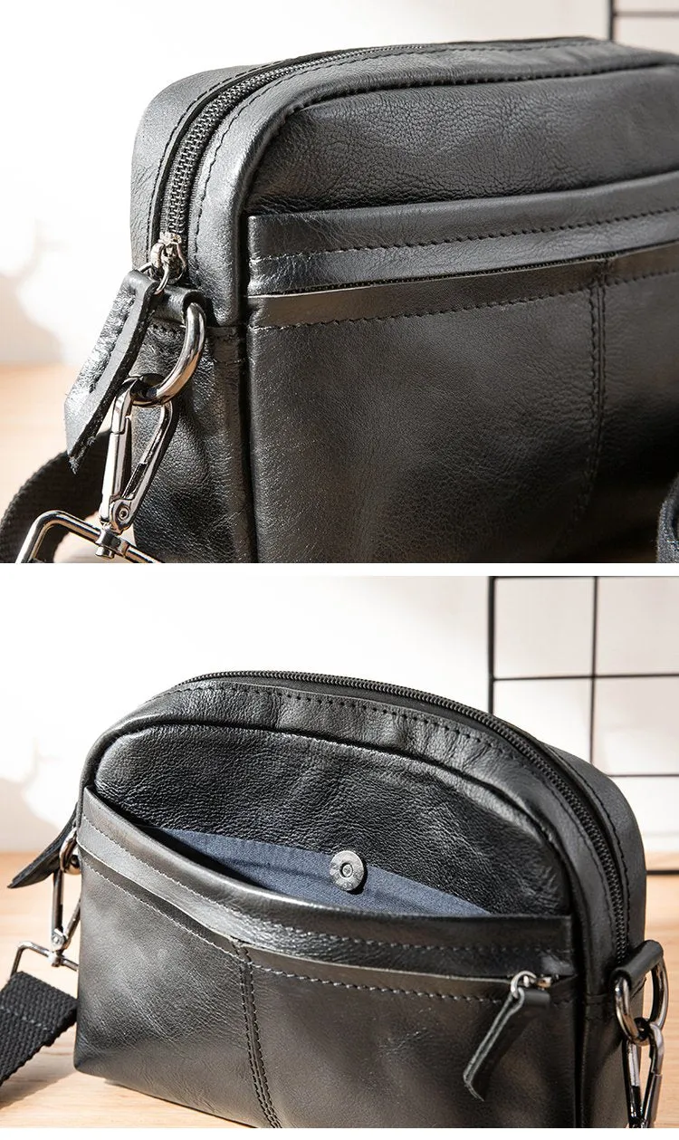 Fashion Black Small Leather Mens Side Bag Black Mini Courier Bag Messenger Bags POstman Bag for Men