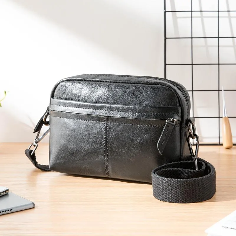 Fashion Black Small Leather Mens Side Bag Black Mini Courier Bag Messenger Bags POstman Bag for Men