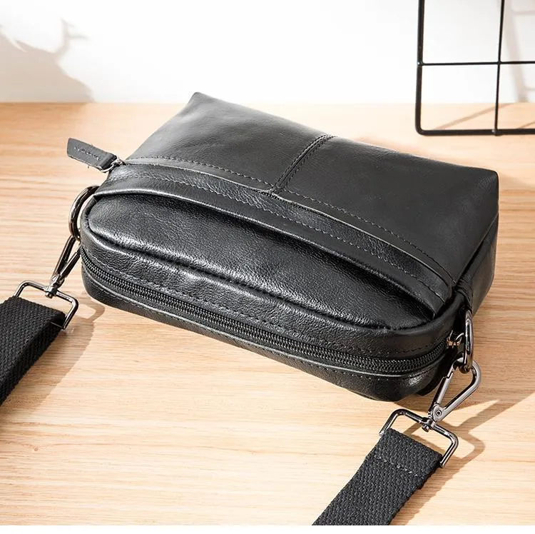 Fashion Black Small Leather Mens Side Bag Black Mini Courier Bag Messenger Bags POstman Bag for Men