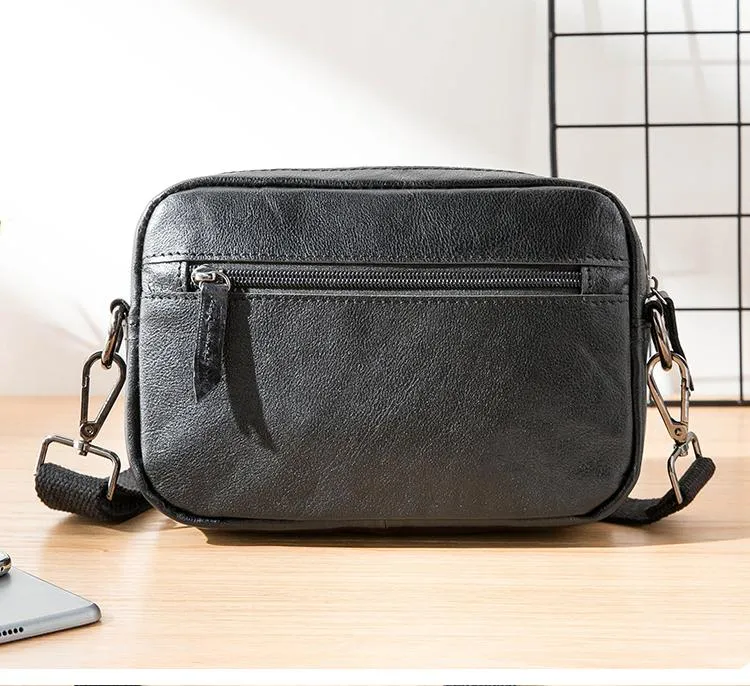 Fashion Black Small Leather Mens Side Bag Black Mini Courier Bag Messenger Bags POstman Bag for Men
