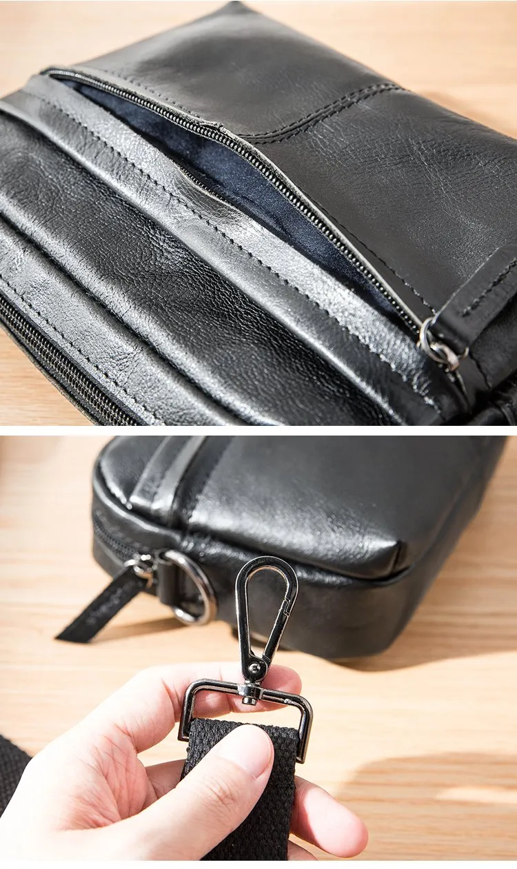 Fashion Black Small Leather Mens Side Bag Black Mini Courier Bag Messenger Bags POstman Bag for Men