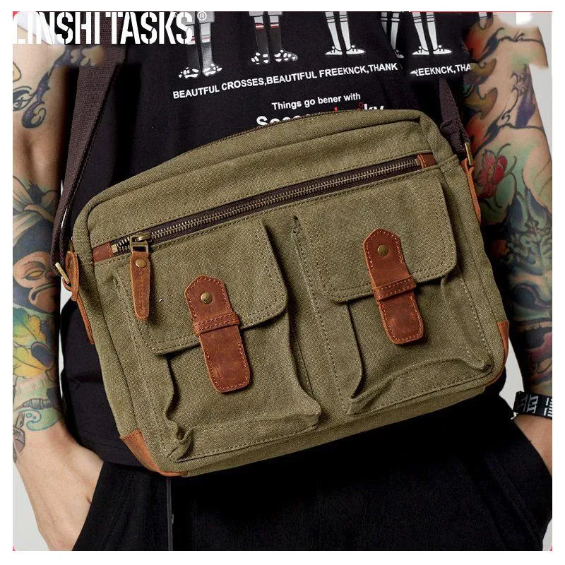 Fashion Canvas Leather Mens Khaki Side Bag Messenger Bags Army Green Canvas Courier Bag for Men