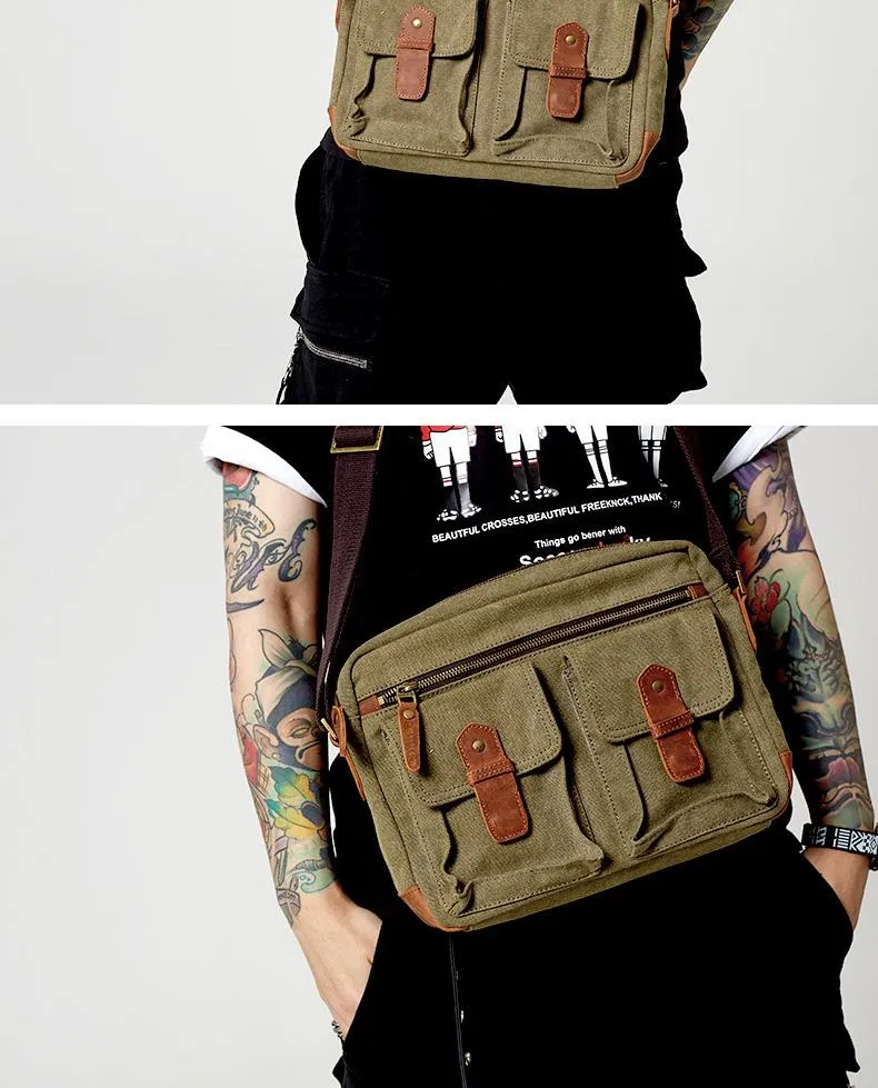 Fashion Canvas Leather Mens Khaki Side Bag Messenger Bags Army Green Canvas Courier Bag for Men