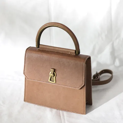 Fashion Gray Women's Small Handle Leather Satchel Handbag Purse Brown Square Shoulder Bag Crossbody Purse