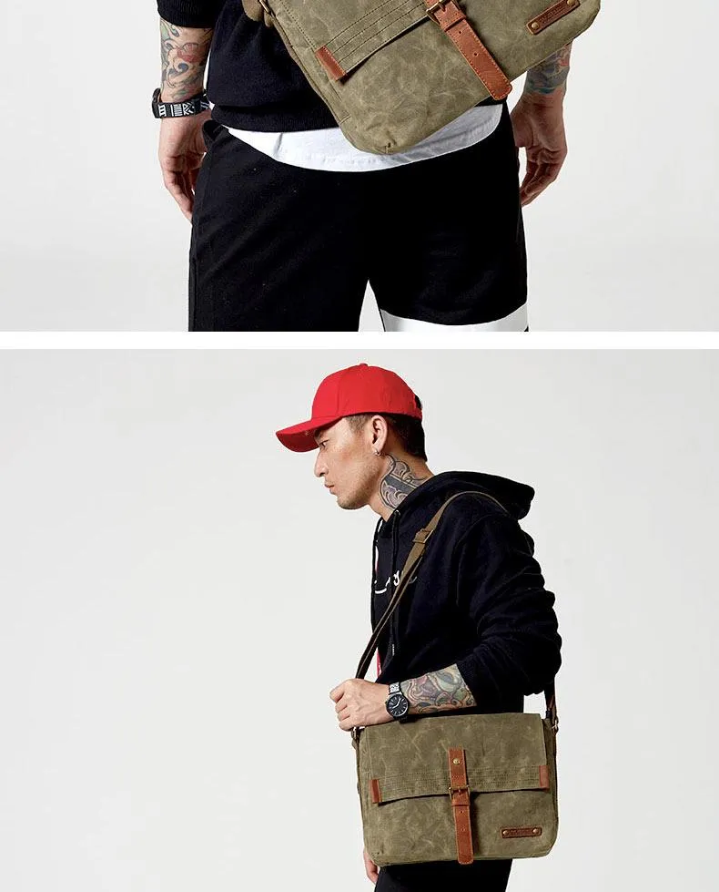 Fashion Waxed Canvas Leather Mens Army Green Side Bags Messenger Bags Khaki Casual Canvas Courier Bag for Men