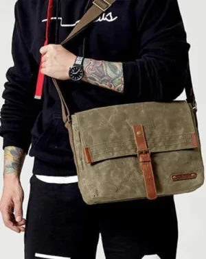 Fashion Waxed Canvas Leather Mens Army Green Side Bags Messenger Bags Khaki Casual Canvas Courier Bag for Men