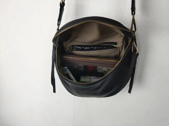 Fashion Women Black Leather Small Saddle Shoulder Bag Side Bag Black Saddle Crossbody Bag Purse For Women