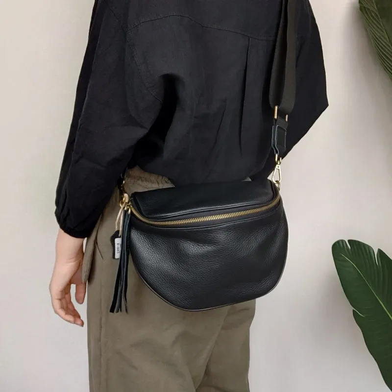 Fashion Women Black Leather Small Saddle Shoulder Bag Side Bag Black Saddle Crossbody Bag Purse For Women