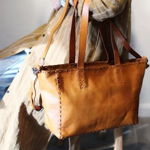 Fashion Womens Brown Leather Tote Shoulder Bag Soft Leather Tote Work Handbag for Women