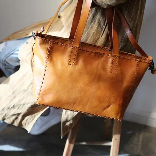 Fashion Womens Brown Leather Tote Shoulder Bag Soft Leather Tote Work Handbag for Women