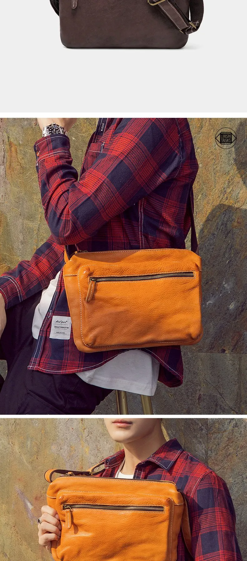 Fashionable Black Leather Mens Tan Side Bag Messenger Bags Casual Courier Bags for Men