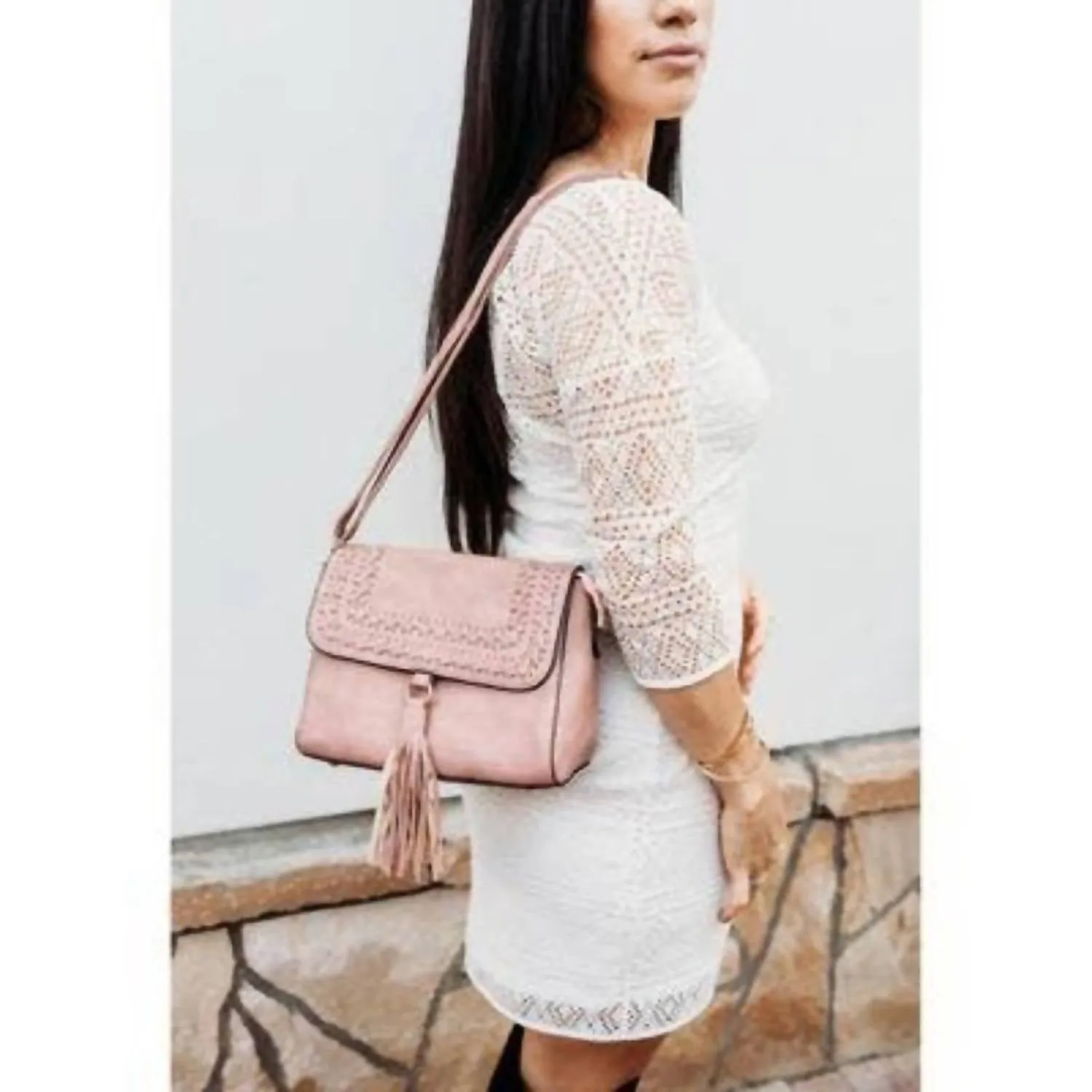 Flap Crossbody Tassel Bag In Blush Pink