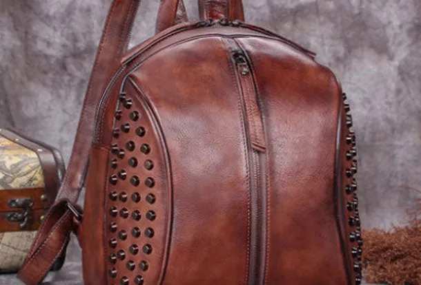 Genuine handmade Leather backpack bag rivet shoulder bag women leather purse