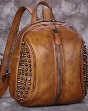 Genuine handmade Leather backpack bag rivet shoulder bag women leather purse