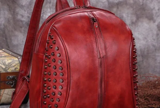 Genuine handmade Leather backpack bag rivet shoulder bag women leather purse