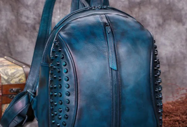 Genuine handmade Leather backpack bag rivet shoulder bag women leather purse