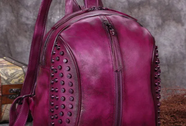 Genuine handmade Leather backpack bag rivet shoulder bag women leather purse