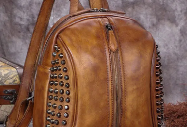Genuine handmade Leather backpack bag rivet shoulder bag women leather purse