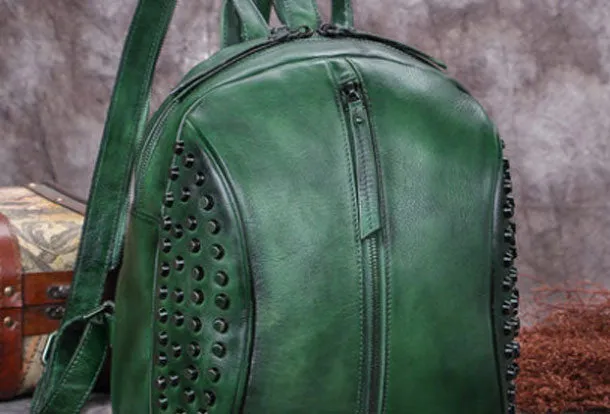 Genuine handmade Leather backpack bag rivet shoulder bag women leather purse