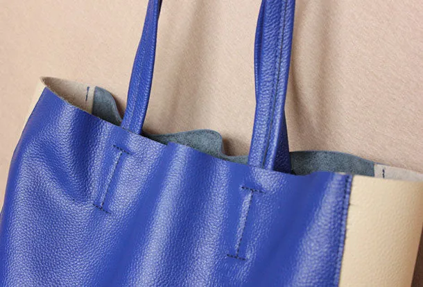 Genuine Leather Bag Handmade Color Block Tote Bag Shoulder Bag Handbag For Women
