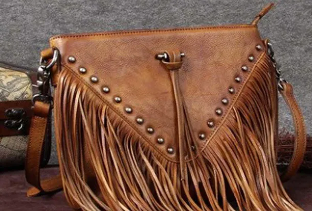 Genuine Leather Bag Vintage Rivet Tassel Bag Crossbody Bag Shoulder Bag Purse For Women