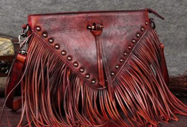 Genuine Leather Bag Vintage Rivet Tassel Bag Crossbody Bag Shoulder Bag Purse For Women