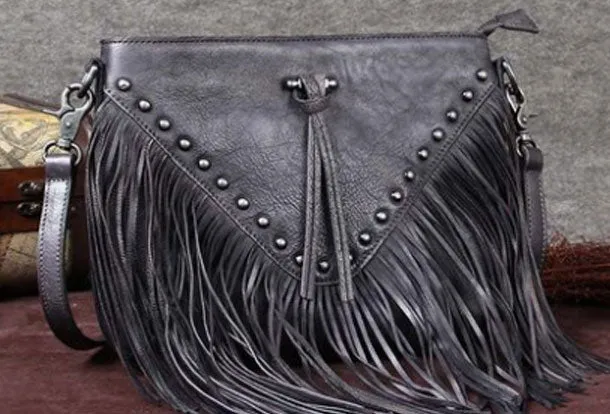 Genuine Leather Bag Vintage Rivet Tassel Bag Crossbody Bag Shoulder Bag Purse For Women