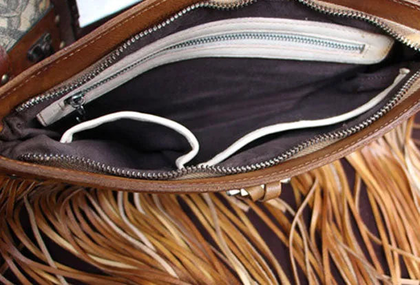 Genuine Leather Bag Vintage Rivet Tassel Bag Crossbody Bag Shoulder Bag Purse For Women