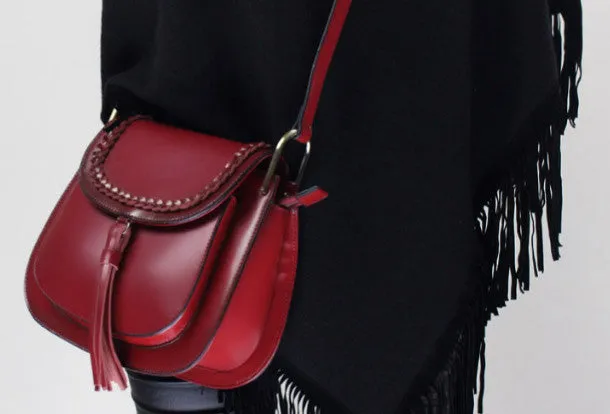 Genuine Leather handbag shoulder bag black red for women leather crossbody bag