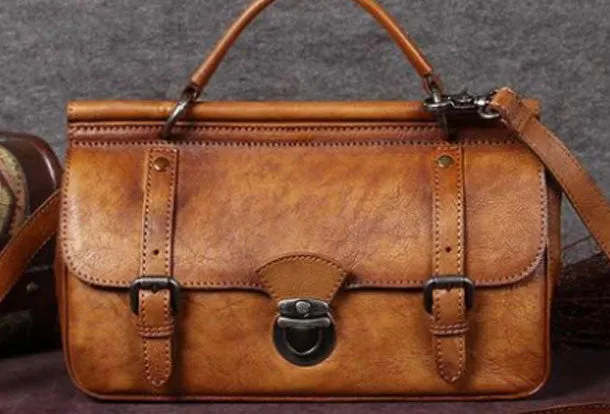 Genuine Leather Handbag Vintage Satchel Crossbody Bag Cube Shoulder Bag Purse For Women