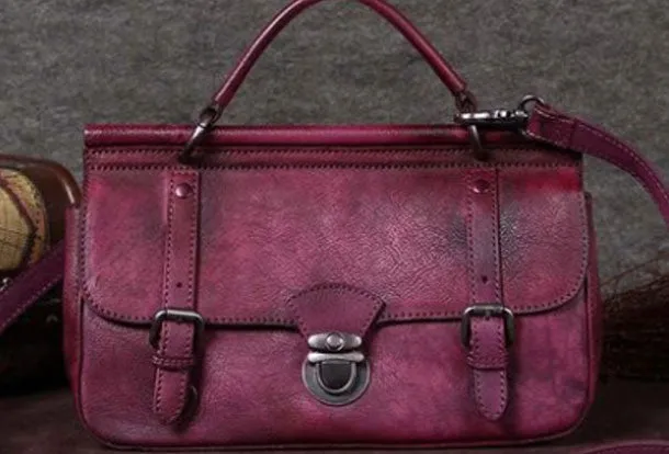Genuine Leather Handbag Vintage Satchel Crossbody Bag Cube Shoulder Bag Purse For Women