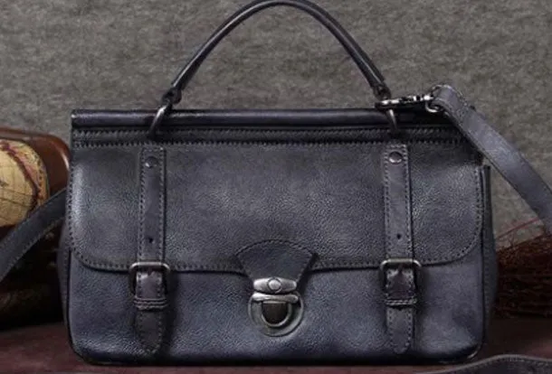 Genuine Leather Handbag Vintage Satchel Crossbody Bag Cube Shoulder Bag Purse For Women